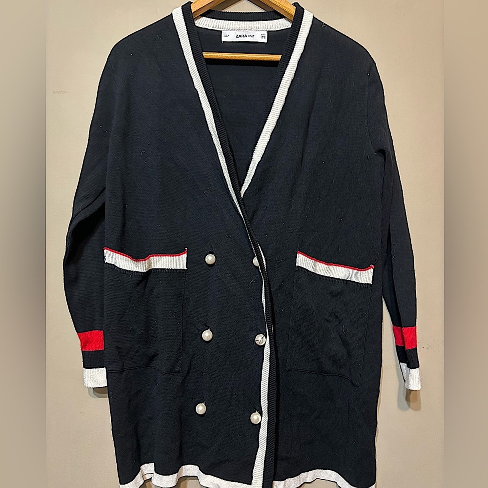 ZARA KNIT Preppy Collegiate Pearl-Button Double Breasted Long Cardigan